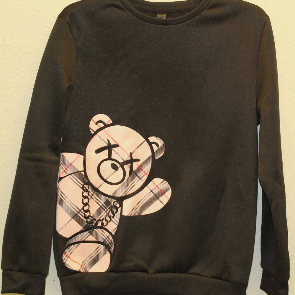 Manfinity Men's Sweater Large Black Plaid Teddy Bear Graphic